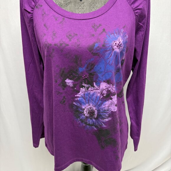 Faded Glory Purple Long Sleeve Floral Top Womens Size Large 12-14 Comfy Casual - Picture 3 of 8